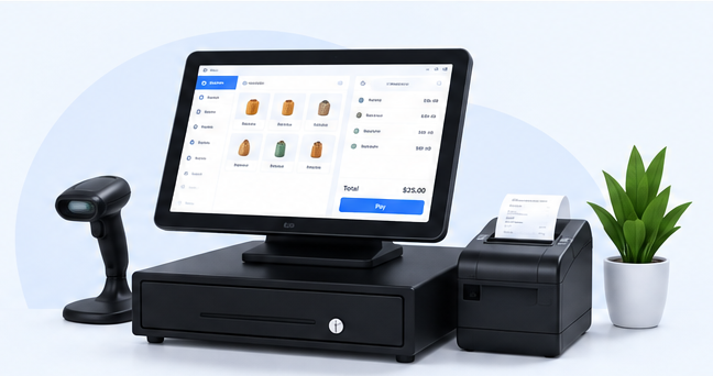 POS terminal with barcode scanner, cash drawer and receipt printer